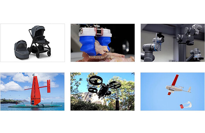 上排,从左到右:Ella 智能婴儿车、Soft Robotics 的食品包装机和 TM25S。下排:Salidrone、M4 和 Zipline 的送货无人机