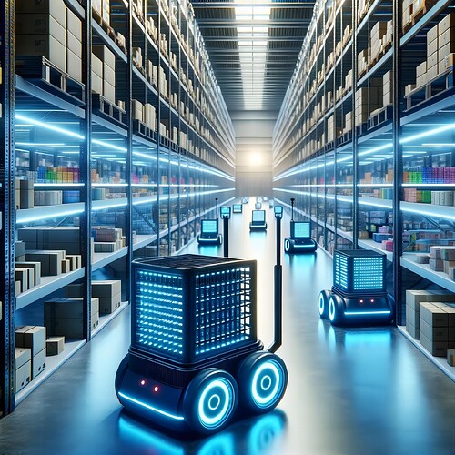DALL·E 2024-02-19 12.01.19 - A futuristic warehouse interior with autonomous mobile robots (AMRs) transporting goods, equipped with advanced sensors and AI technology. The scene d